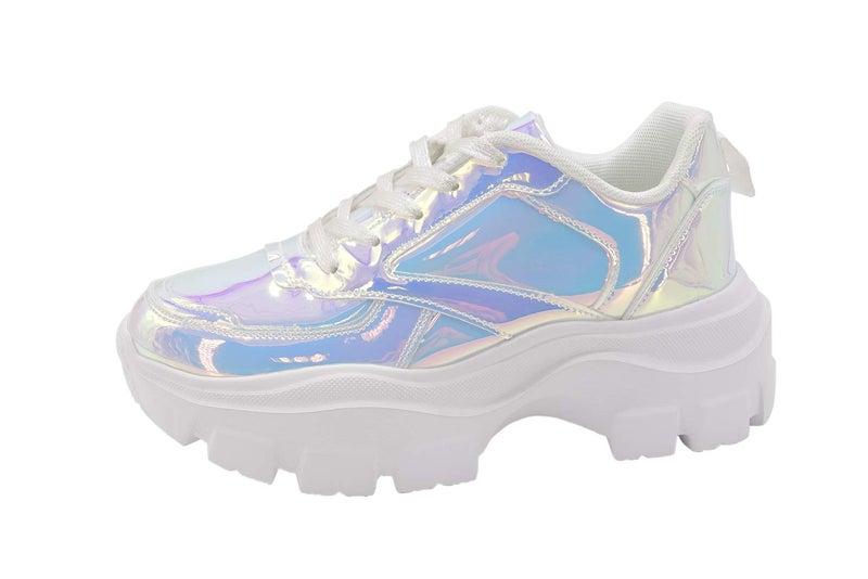 LUCKY STEP Women 90S Chunky Platform Reflective Sneakers - White Hologram Casual Lace-Up Walking Dad Sneakers(White Hologram,6 B(M) US) - Image 1